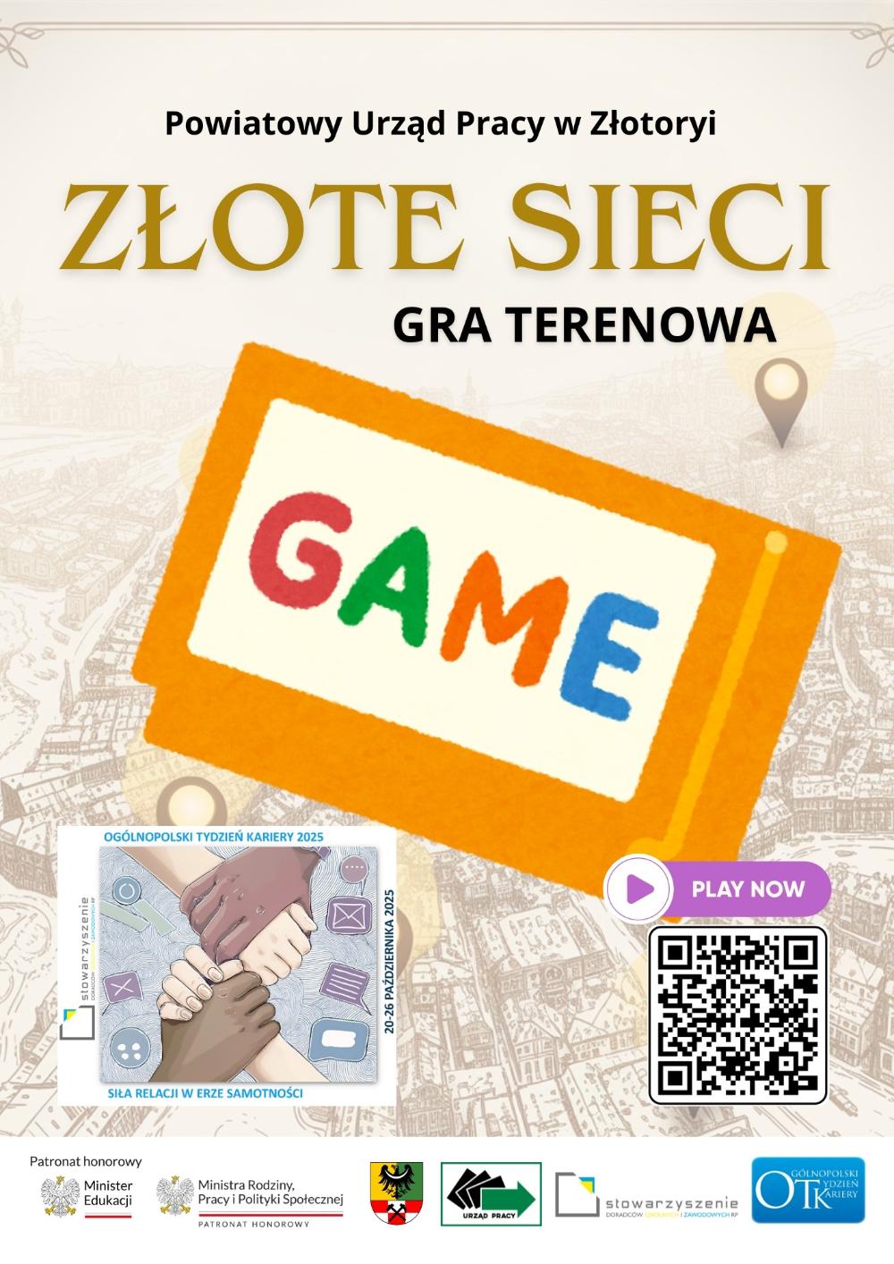 plakat informujący o grze Złote sieci, z podanym kodem QR